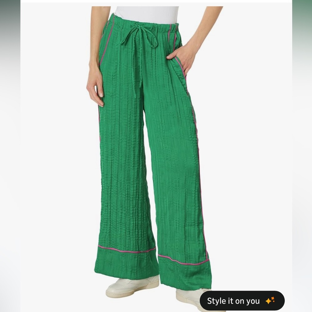 NWT Free People All Out Satin Pants Green Wide Sz large